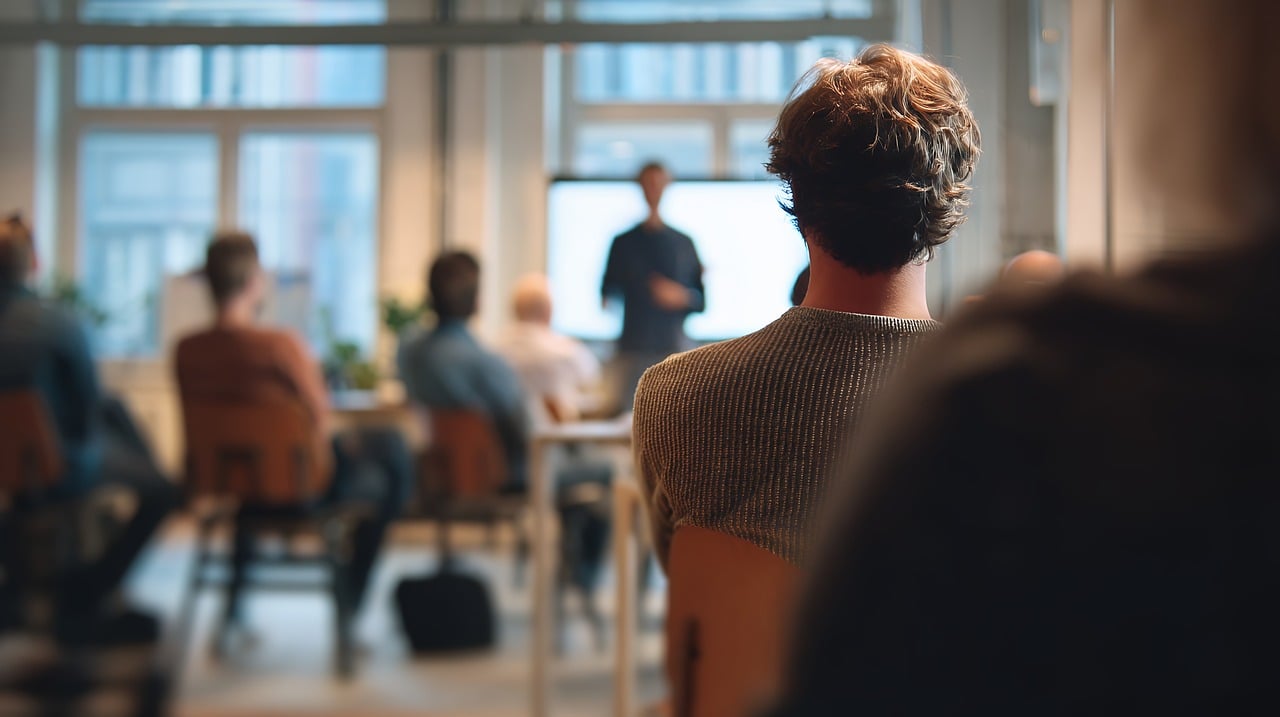 presentation, meeting, business, colleague, workplace, informal, office, teamwork, speaker, audience, people, training, seminar, job, work, discussion, learning, education, screen, projector, whiteboard, collaboration, ai generated